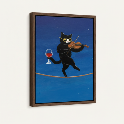 Walnut float frame canvas wall art featuring whimsical black cat with wine glass and violin