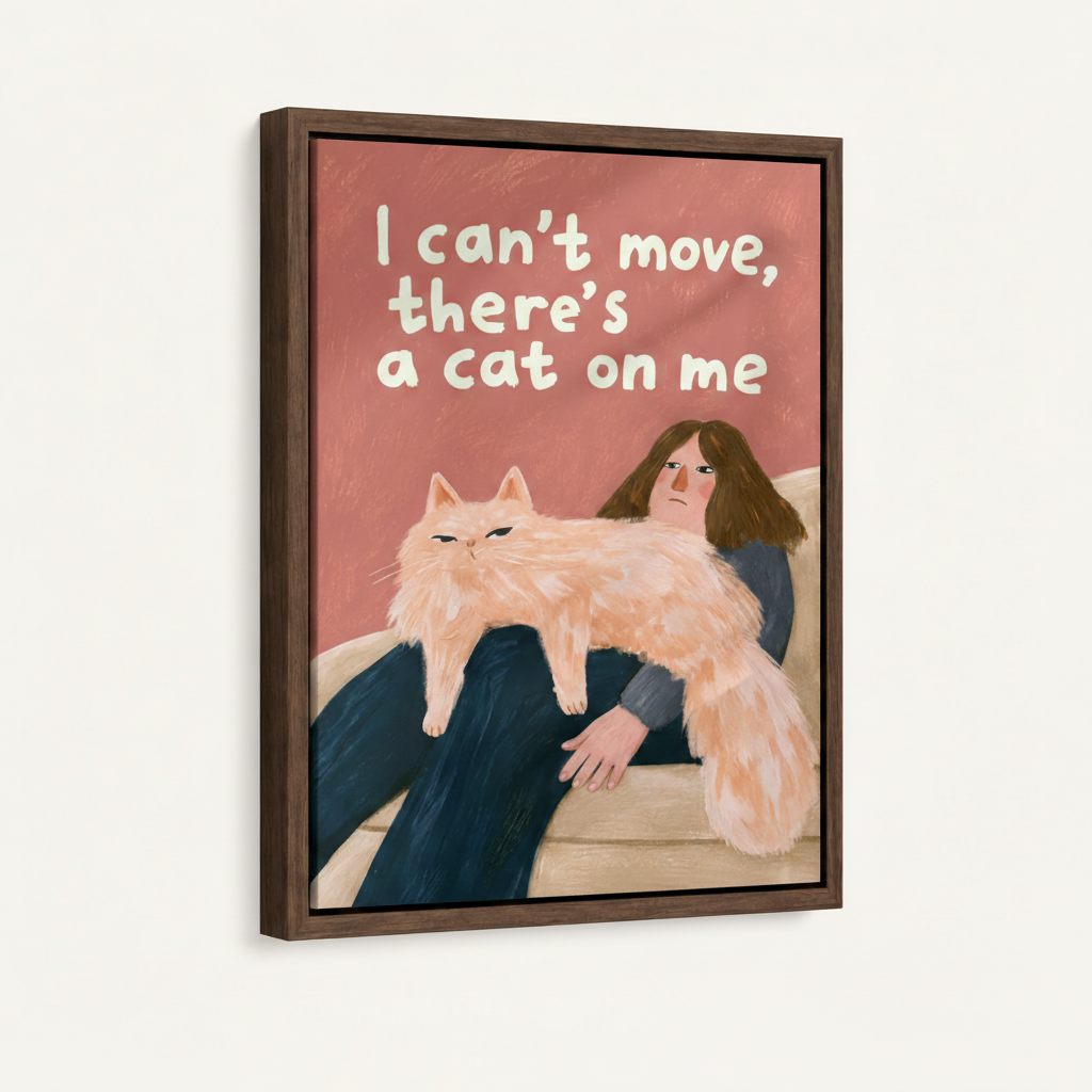 Float frame canvas print of cat on lap illustration in walnut wood frame, product view on white background
