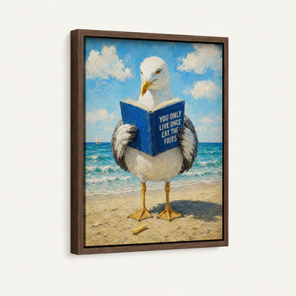 Funny seagull beach painting in a slim walnut float frame shown at an angle on white wall