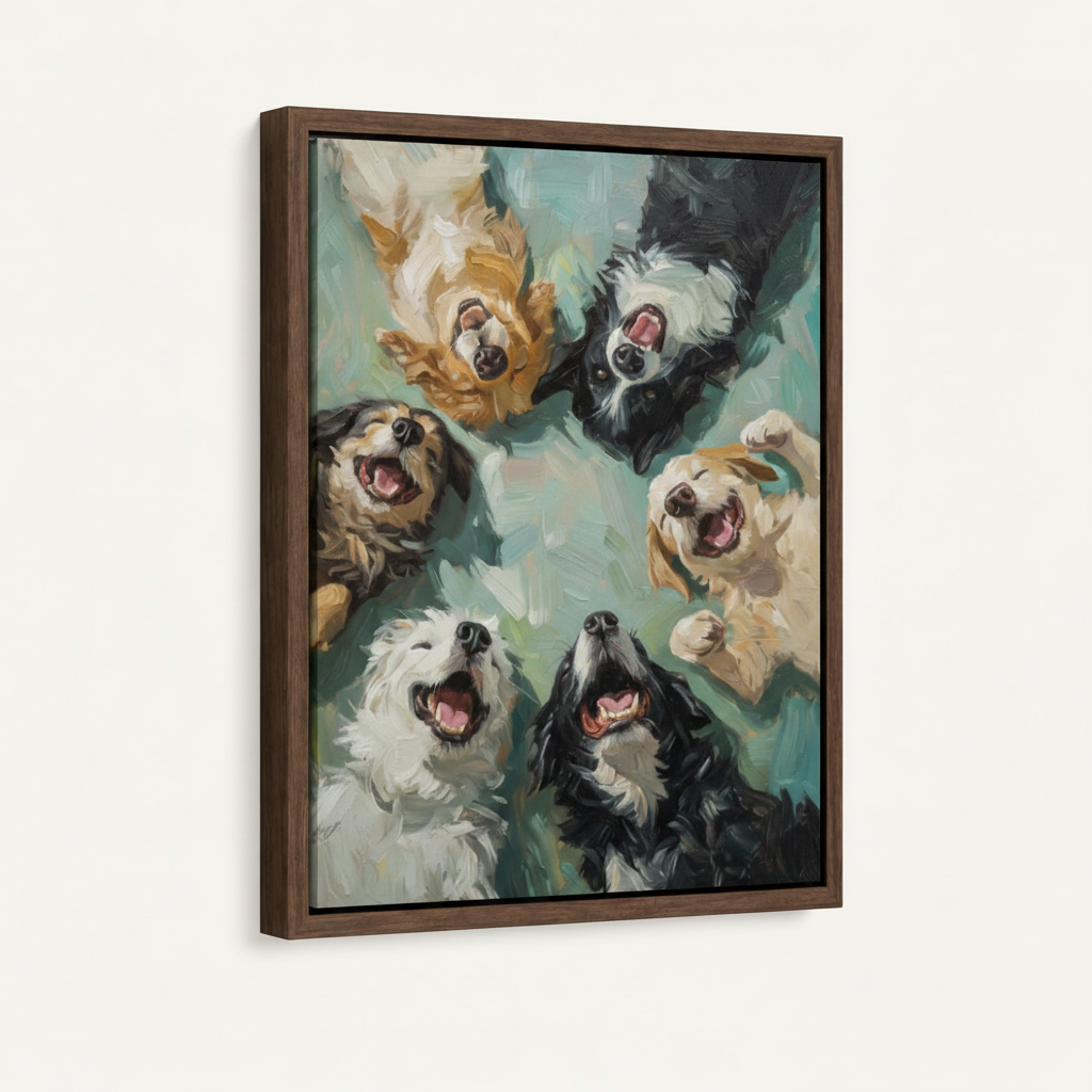 Float frame canvas of joyful dogs oil painting, front-facing product view with walnut wood frame on white background