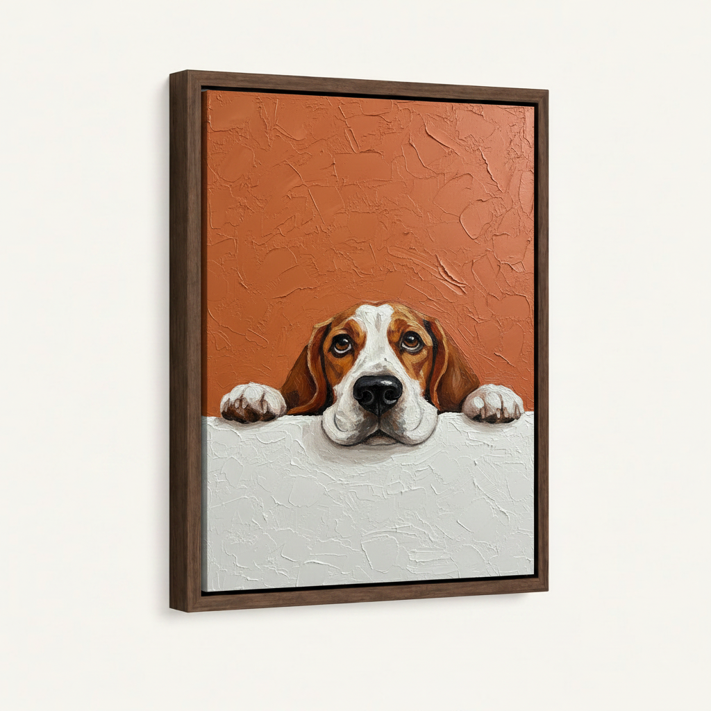  Float frame canvas print featuring impasto beagle dog painting, dark walnut frame, white background