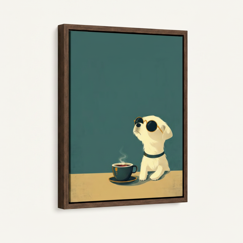 Float frame canvas print featuring cool dog coffee minimal illustration, dark walnut frame, white background