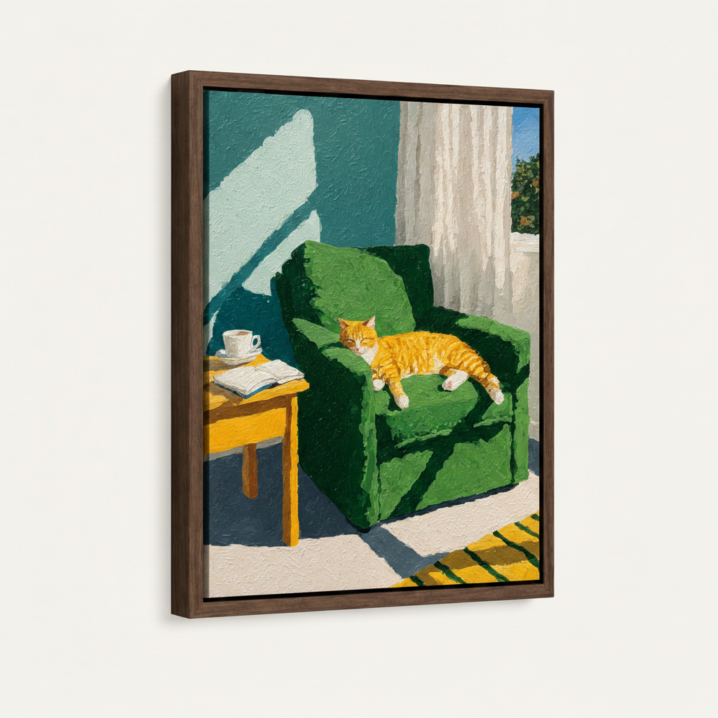 Float frame canvas print of impasto cat oil painting, dark walnut frame, white background