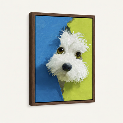 Walnut float frame canvas print of fluffy white dog oil painting with vivid split color background