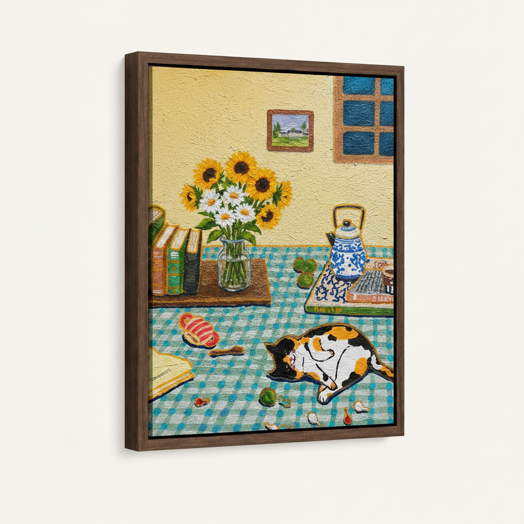 Float frame canvas print featuring folk art calico cat painting, dark walnut frame, white background