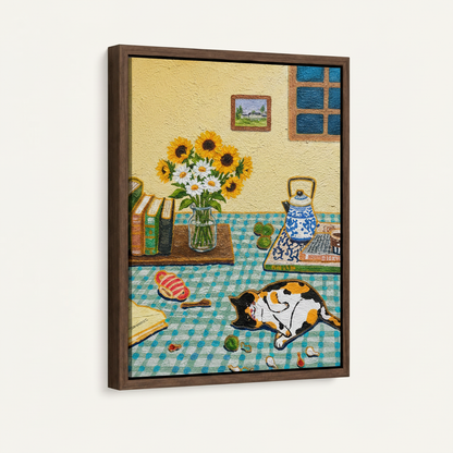 Float frame canvas print featuring folk art calico cat painting, dark walnut frame, white background