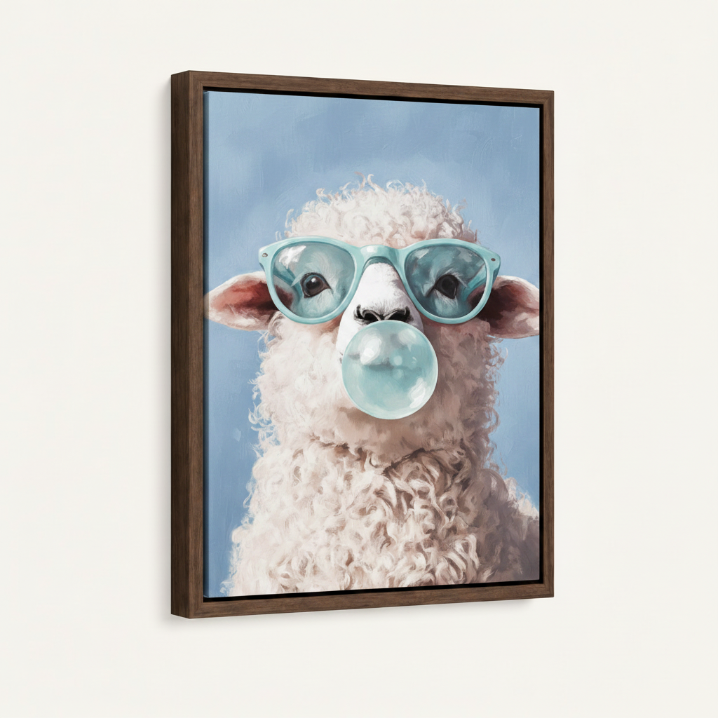 Walnut float frame canvas print of funny sheep blowing bubble gum on soft blue background