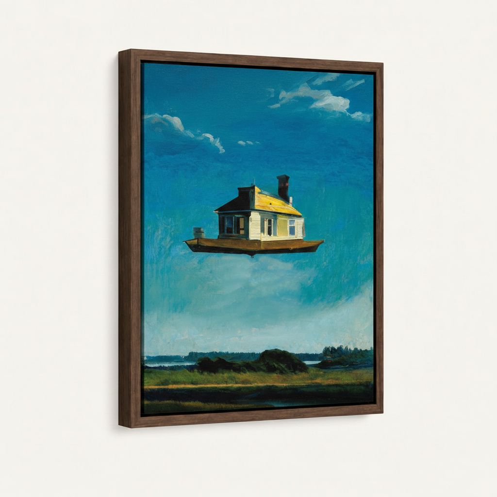 Float frame canvas print featuring floating house oil painting, dark walnut frame, white background