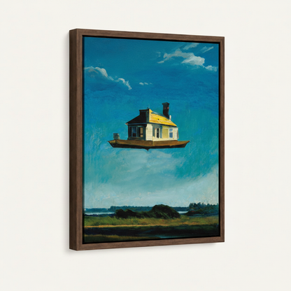 Float frame canvas print featuring floating house oil painting, dark walnut frame, white background