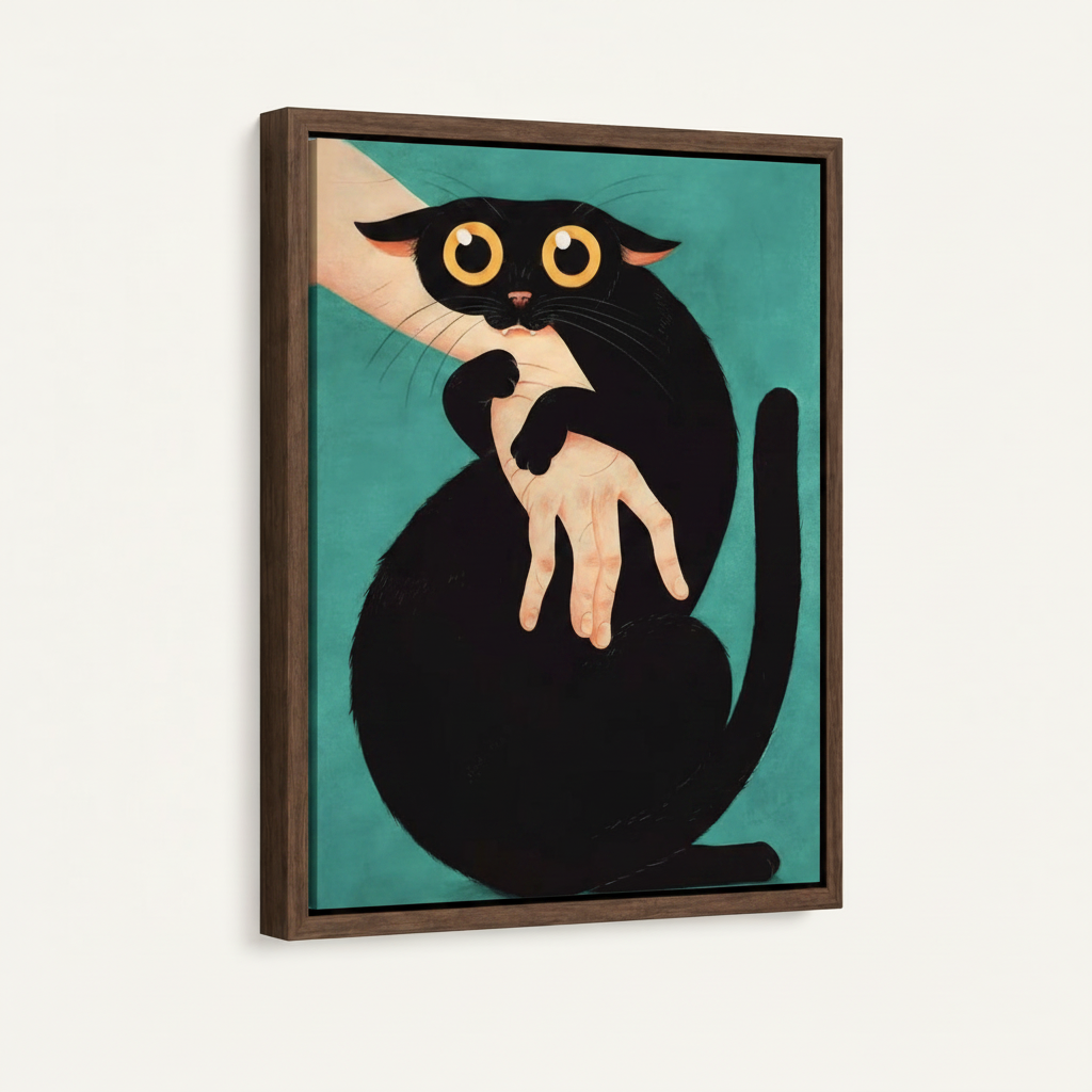 Float frame canvas print featuring funny black cat graphic illustration, dark walnut frame, white background