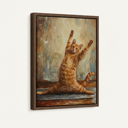 Framed canvas float frame product mockup of orange tabby yoga cat impressionist painting