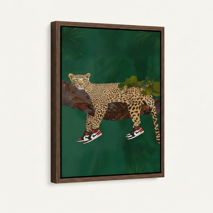 Leopard in sneakers pop art in dark walnut floating frame, white background product shot