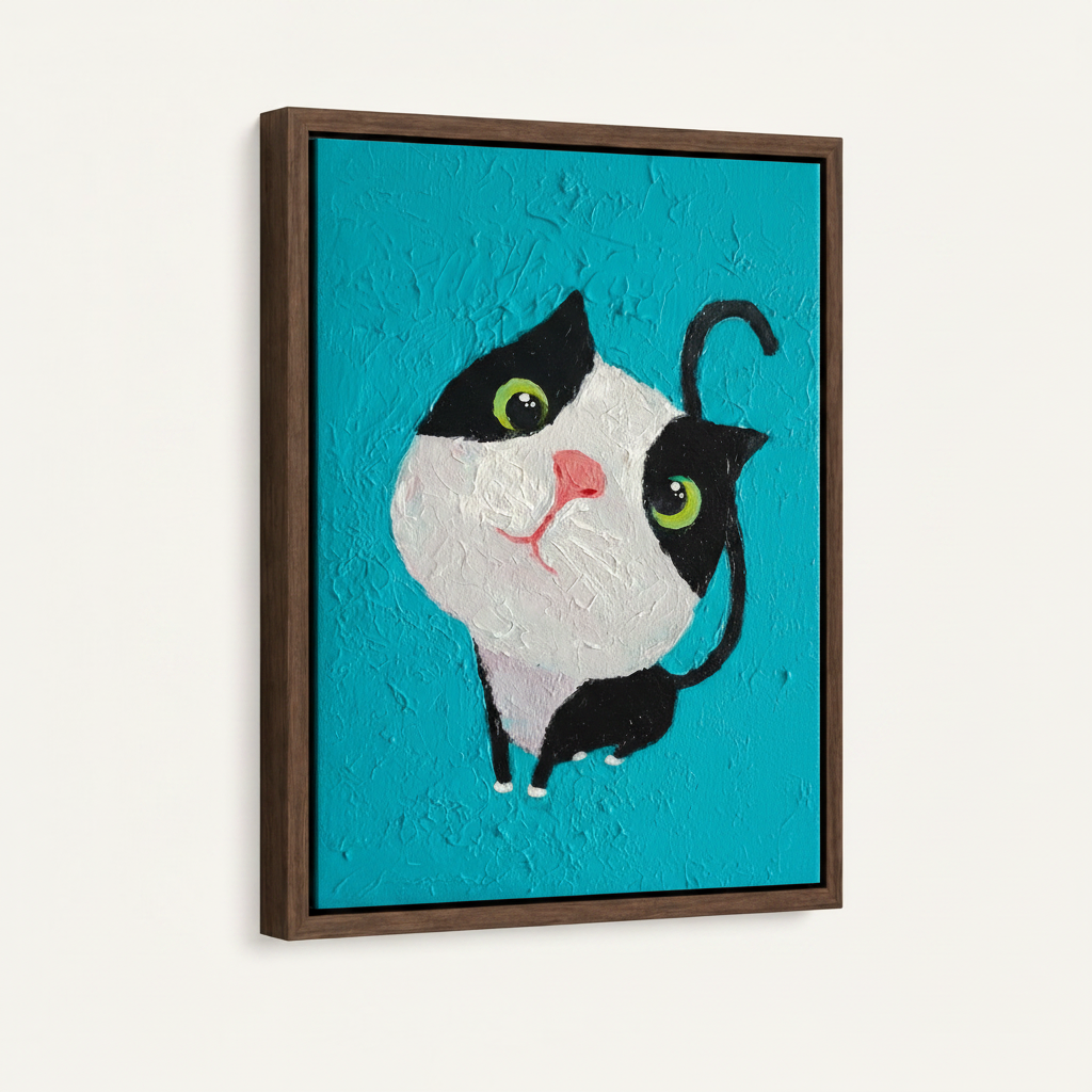 Tuxedo cat oil painting in dark walnut float frame, front-facing product shot