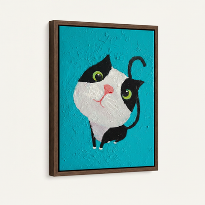 Tuxedo cat oil painting in dark walnut float frame, front-facing product shot