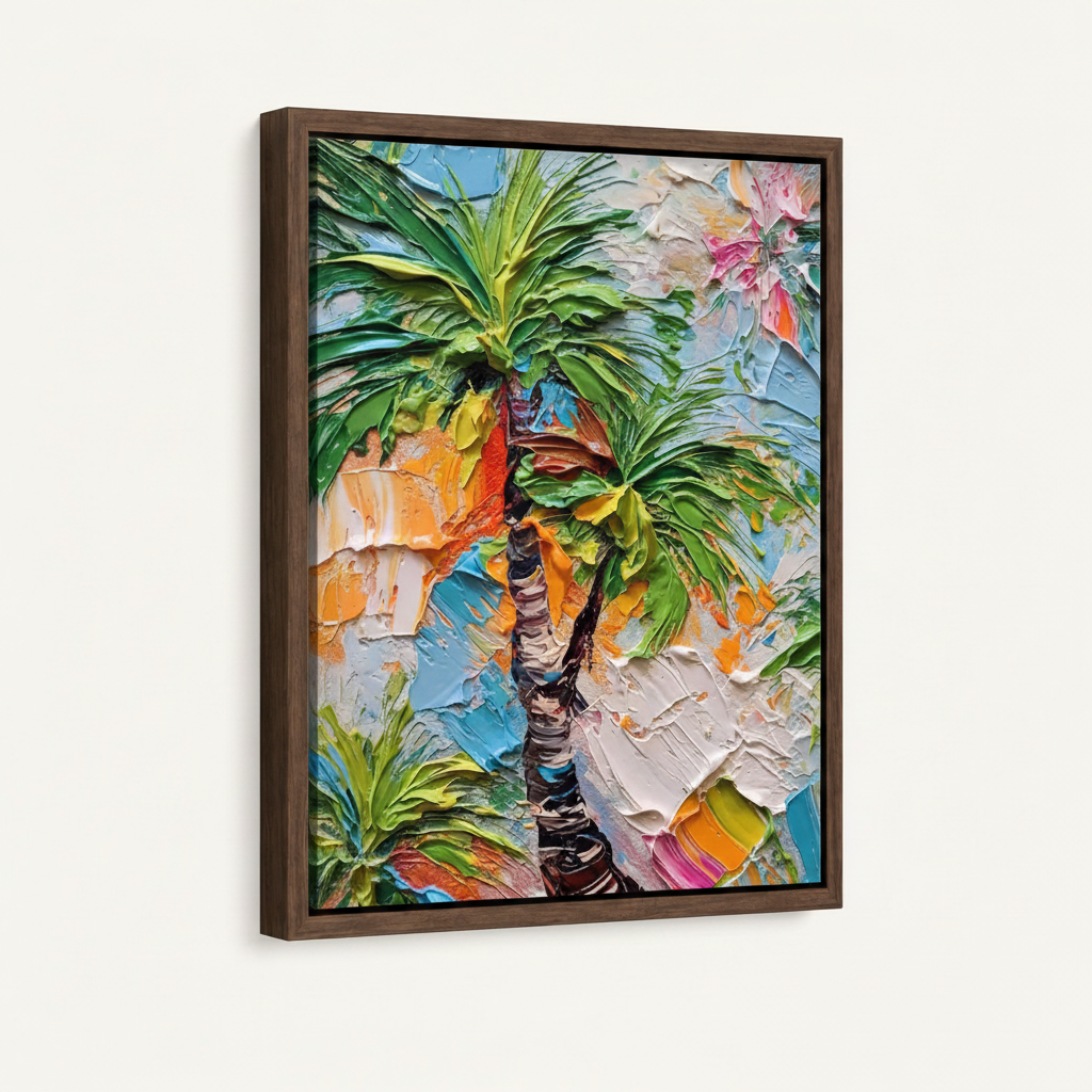 Walnut float frame canvas with impasto palm tree art displayed at angle on white background