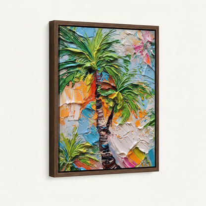 Walnut float frame canvas with impasto palm tree art displayed at angle on white background