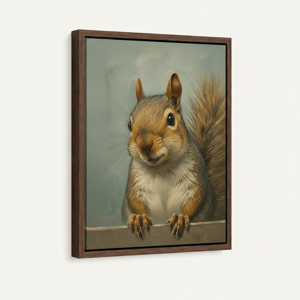 Squirrel portrait canvas art in dark walnut float frame, angled product view on white background