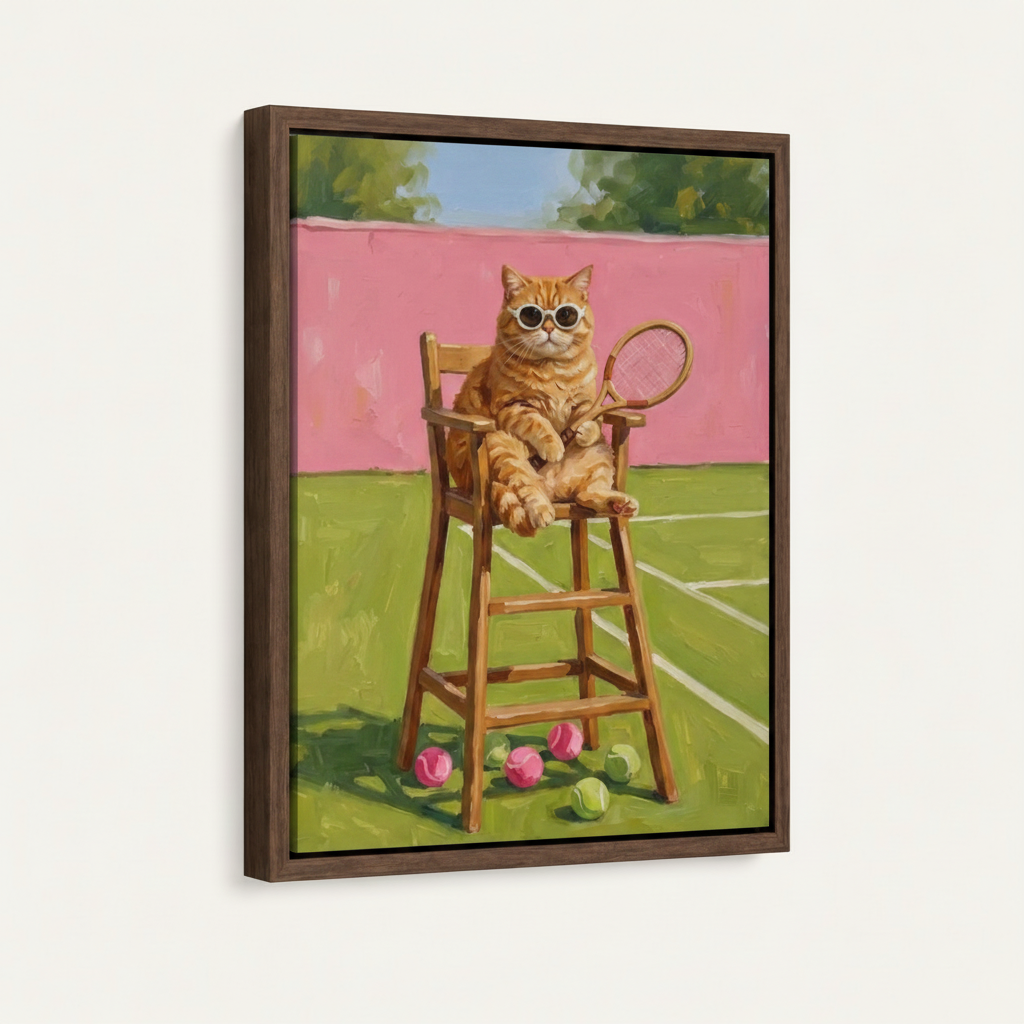  Framed canvas print of tennis cat oil painting, dark walnut float frame, angled view on off-white background