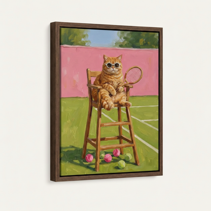  Framed canvas print of tennis cat oil painting, dark walnut float frame, angled view on off-white background