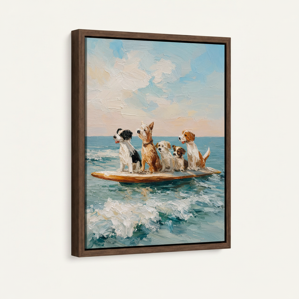  Framed canvas print of surfing dogs oil painting, dark walnut frame, angled view on white background