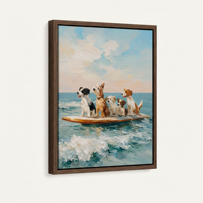  Framed canvas print of surfing dogs oil painting, dark walnut frame, angled view on white background