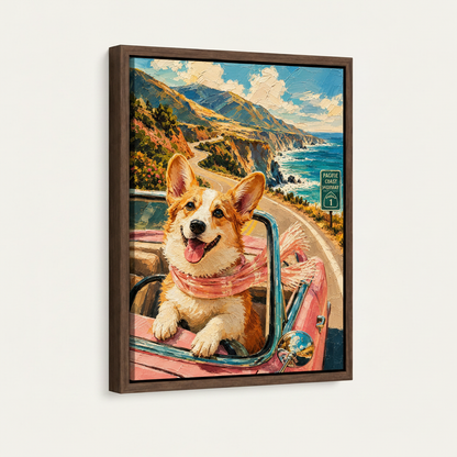 Framed canvas print of corgi road trip oil painting, dark walnut float frame, angled view on off-white background