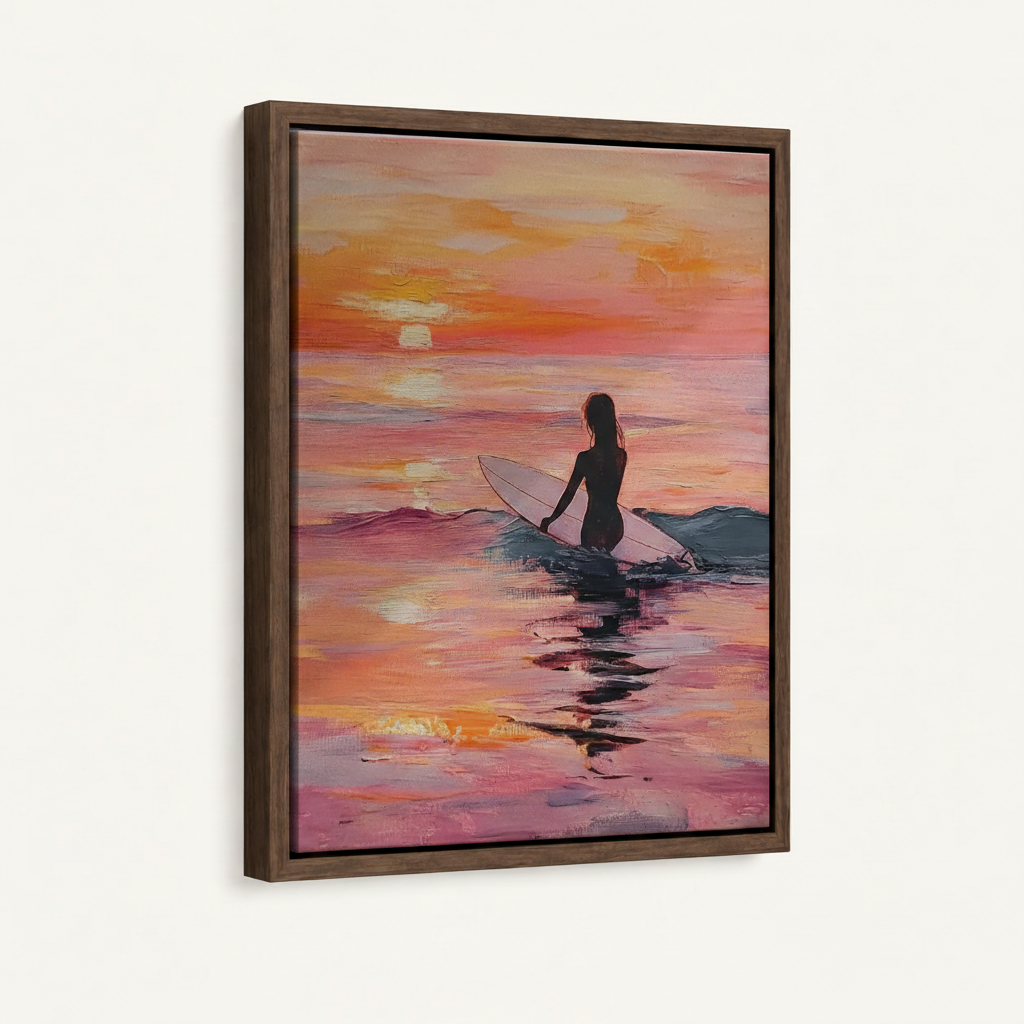  Framed canvas print of surfer girl sunset oil painting, dark walnut frame, angled view on white background