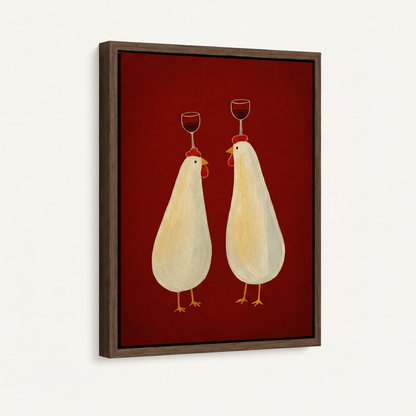  Framed canvas print of wine chickens minimalist illustration, dark walnut float frame, angled view on off-white background