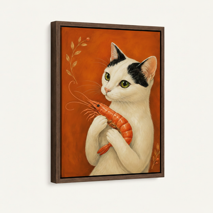 Framed canvas print of cat holding shrimp classical oil painting, dark walnut float frame, angled view