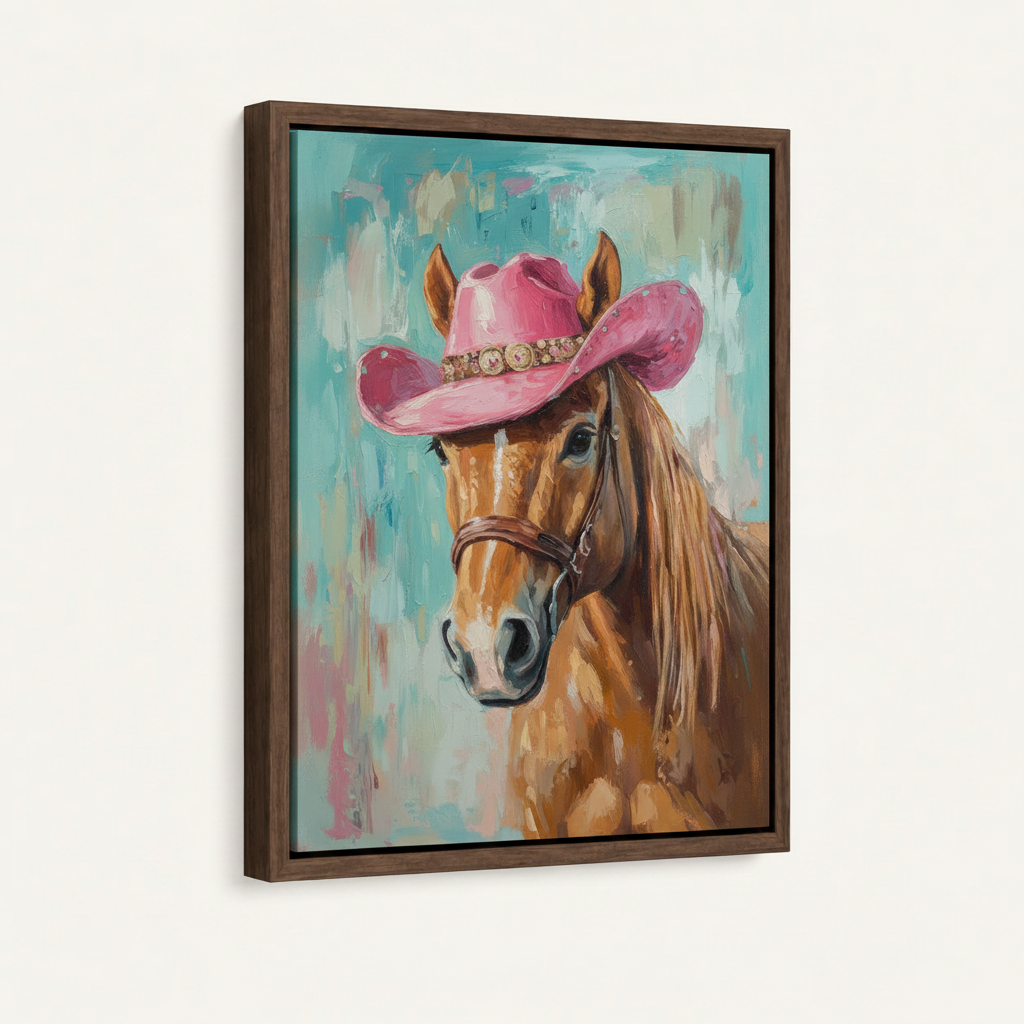  Framed canvas print of cowgirl horse oil painting, dark walnut float frame, angled view on off-white background
