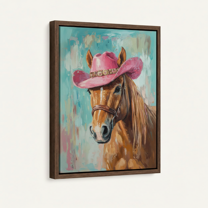  Framed canvas print of cowgirl horse oil painting, dark walnut float frame, angled view on off-white background