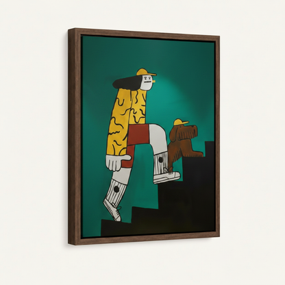 Framed canvas print of pop art staircase painting, dark walnut float frame, angled view on off-white background