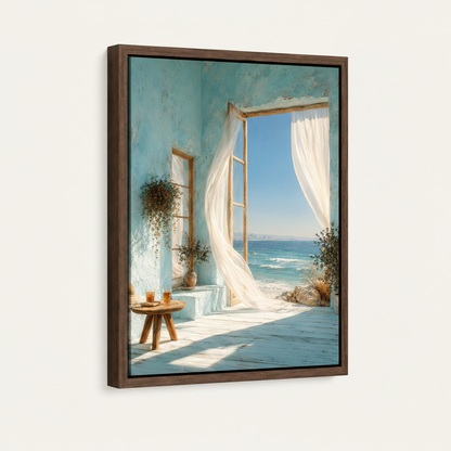 Framed canvas print of Mediterranean coastal room with open window, dark walnut frame, angled view on off-white background