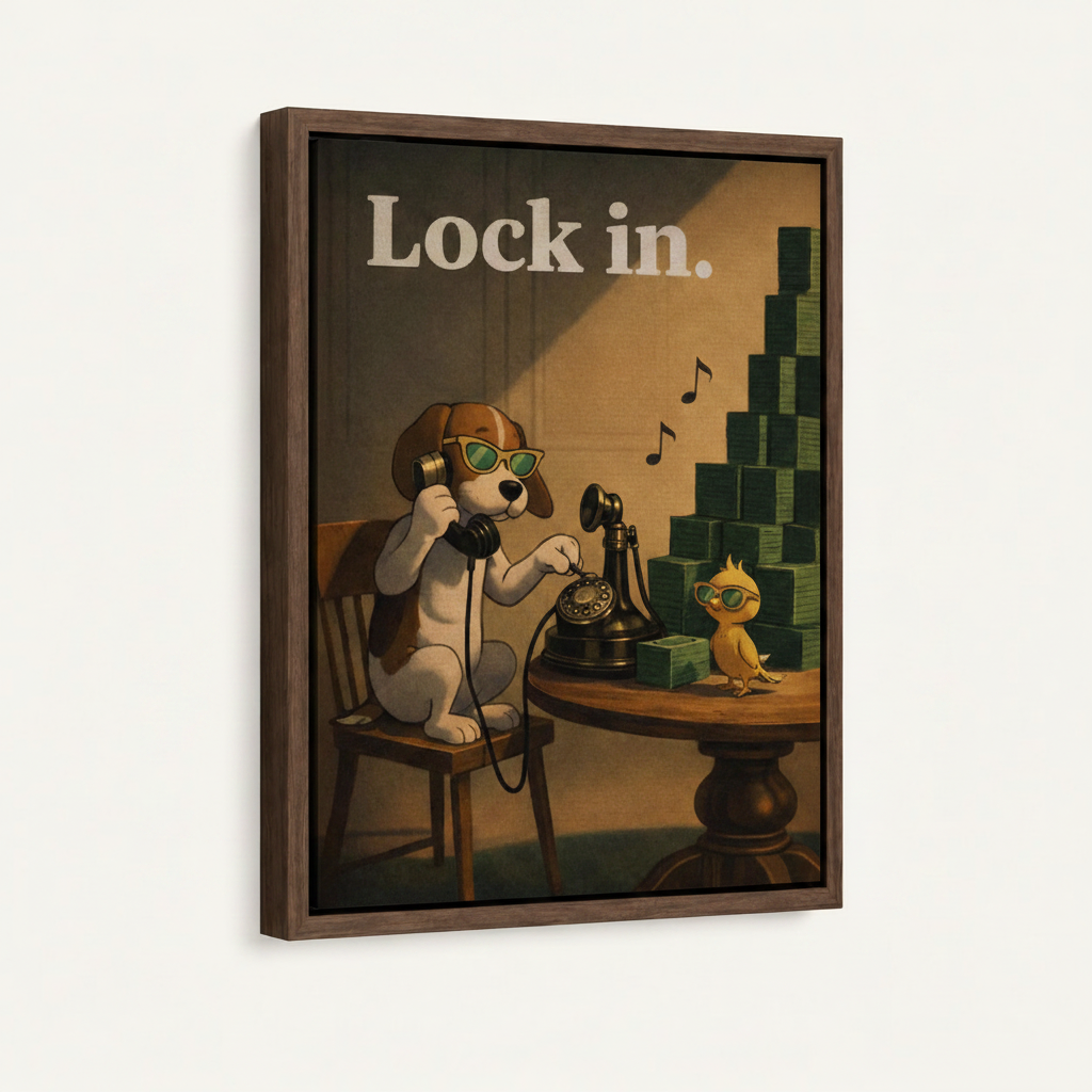  Framed canvas print of Lock In dog illustration, dark walnut float frame, angled view on off-white background
