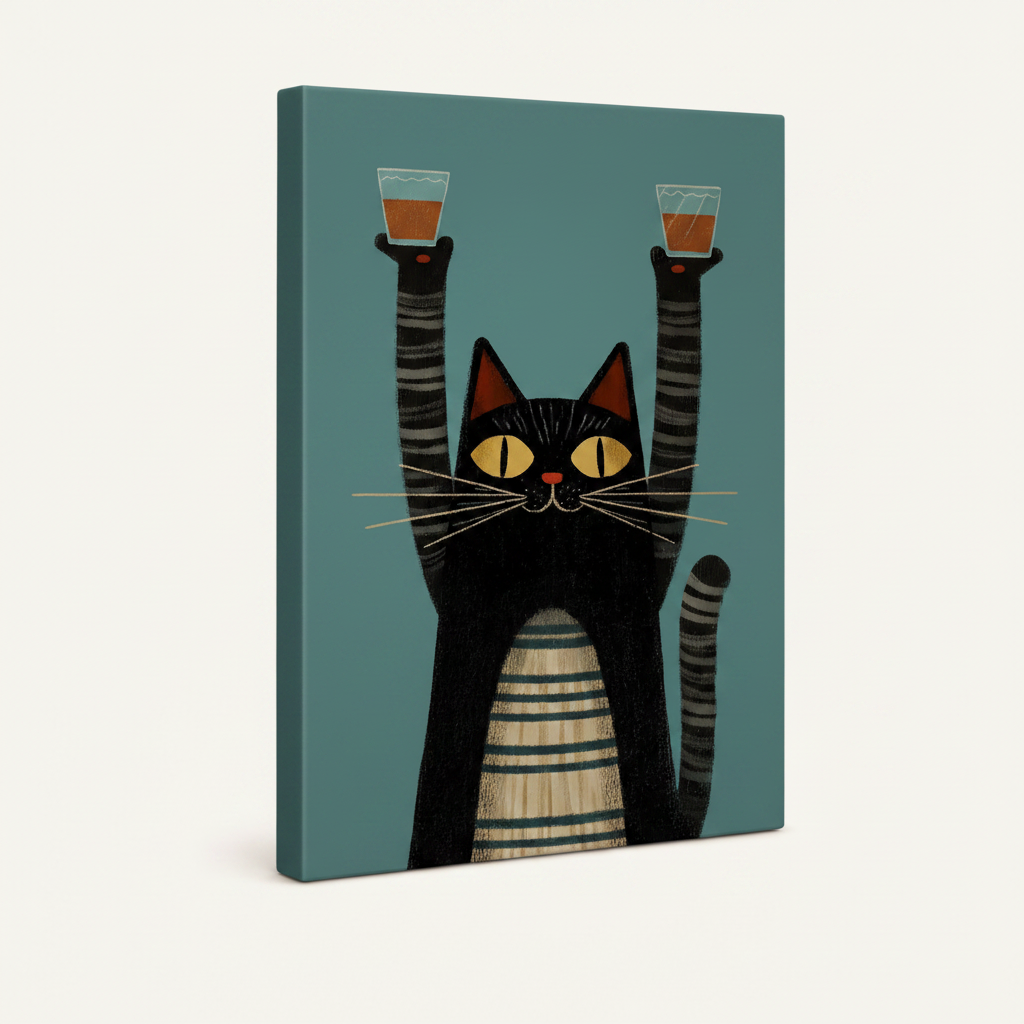 Bold tuxedo cat bar art gallery wrap canvas, teal sides, angled view on white background