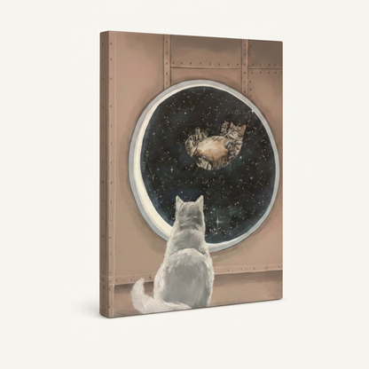 Galaxy cat gallery wrap canvas on white background, wide portrait format, spaceship porthole scene