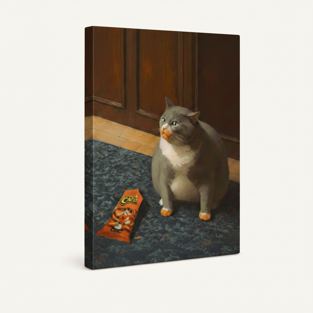 Cheetos cat gallery wrap canvas on white background, wide portrait format, painterly illustration style