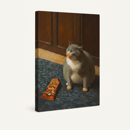 Cheetos cat gallery wrap canvas on white background, wide portrait format, painterly illustration style