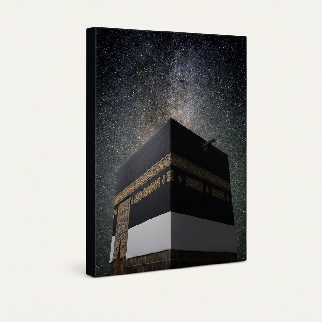 Kaaba night sky gallery wrap canvas on white background, dark navy sides, wide portrait format