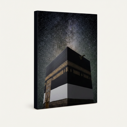 Kaaba night sky gallery wrap canvas on white background, dark navy sides, wide portrait format