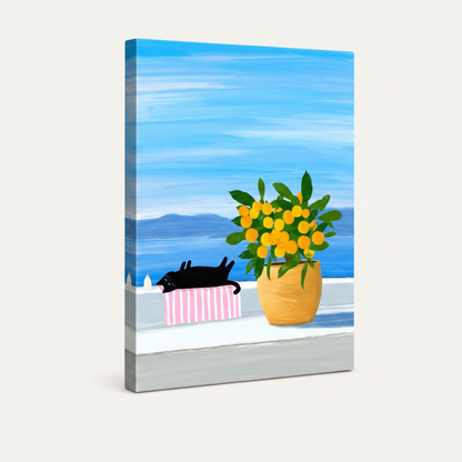 Lazy cat Mediterranean canvas gallery wrap, blue sky sides, angled view on white background