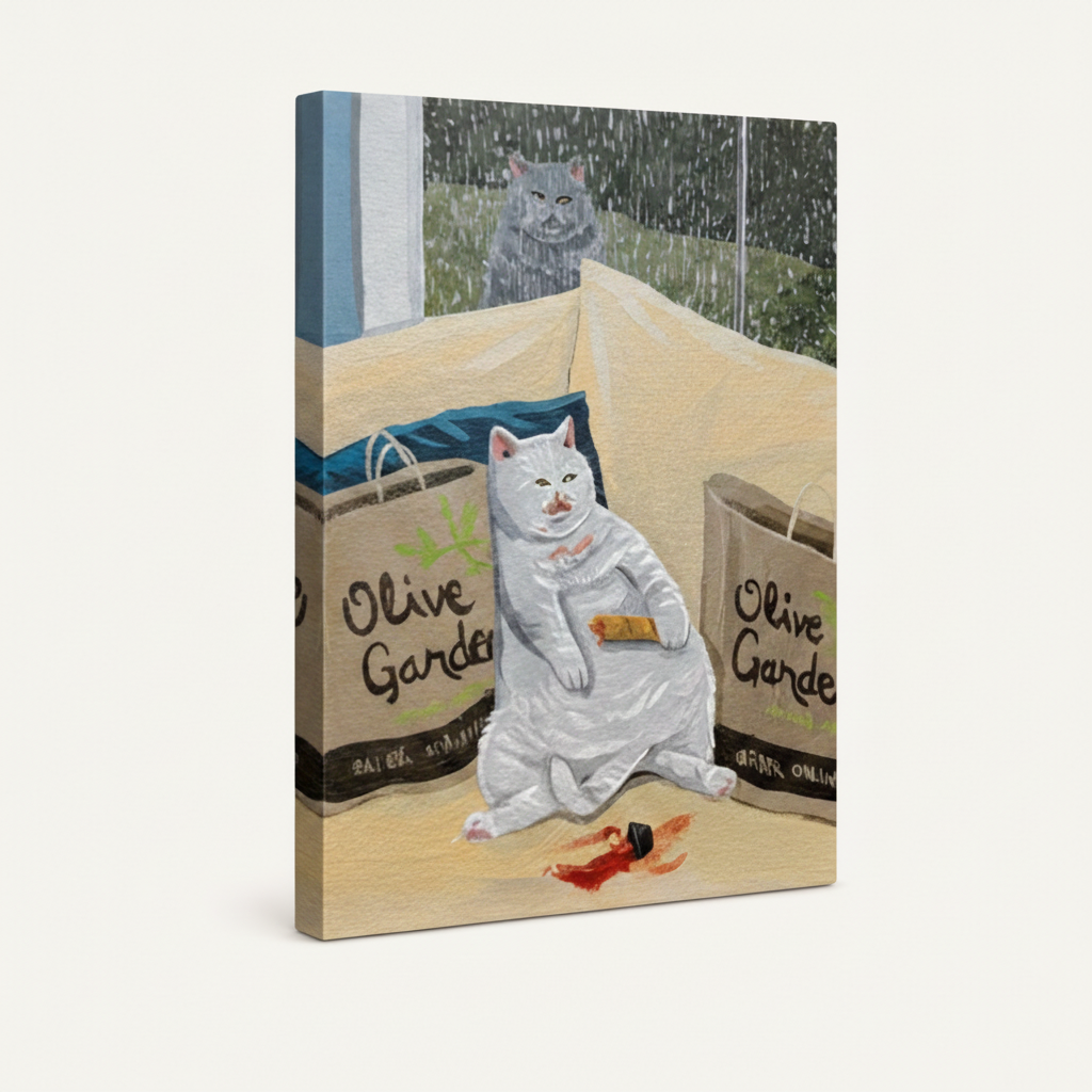 Funny cat gallery wrap canvas on white background, wide portrait format, painterly brushstroke style