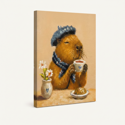 Cute capybara gallery wrap canvas on white background, warm beige sides, painterly brushstroke style
