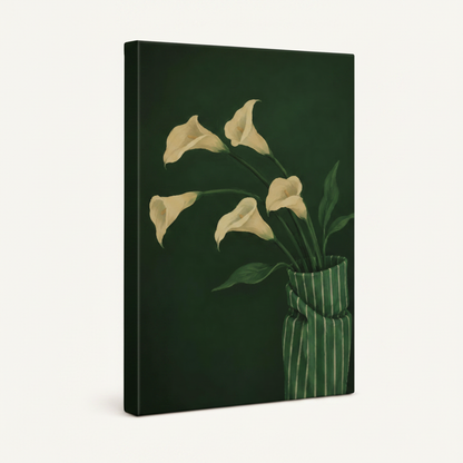 Botanical floral gallery wrap canvas on white background, dark green sides, wide portrait format