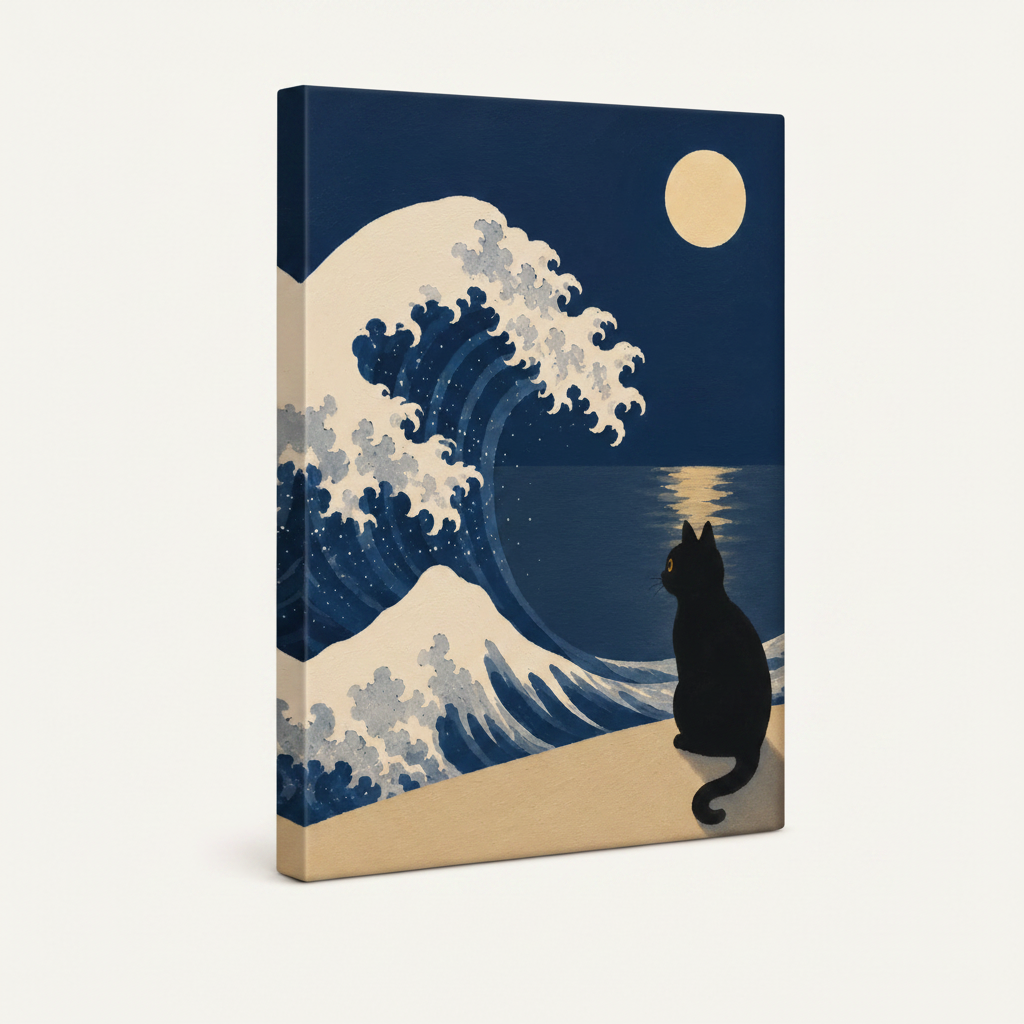 Japanese wave cat canvas gallery wrap, navy blue sides, angled view on white background