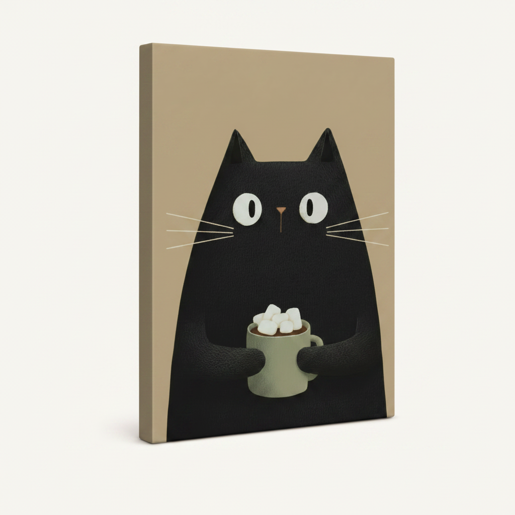 Cozy cat canvas wall art gallery wrap, no frame, angled view on white background