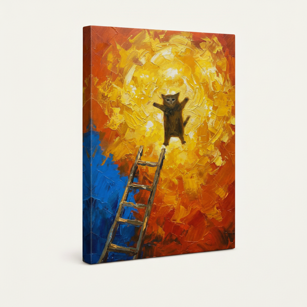 Bold impasto cat canvas gallery wrap, orange-red sides, angled view on white background
