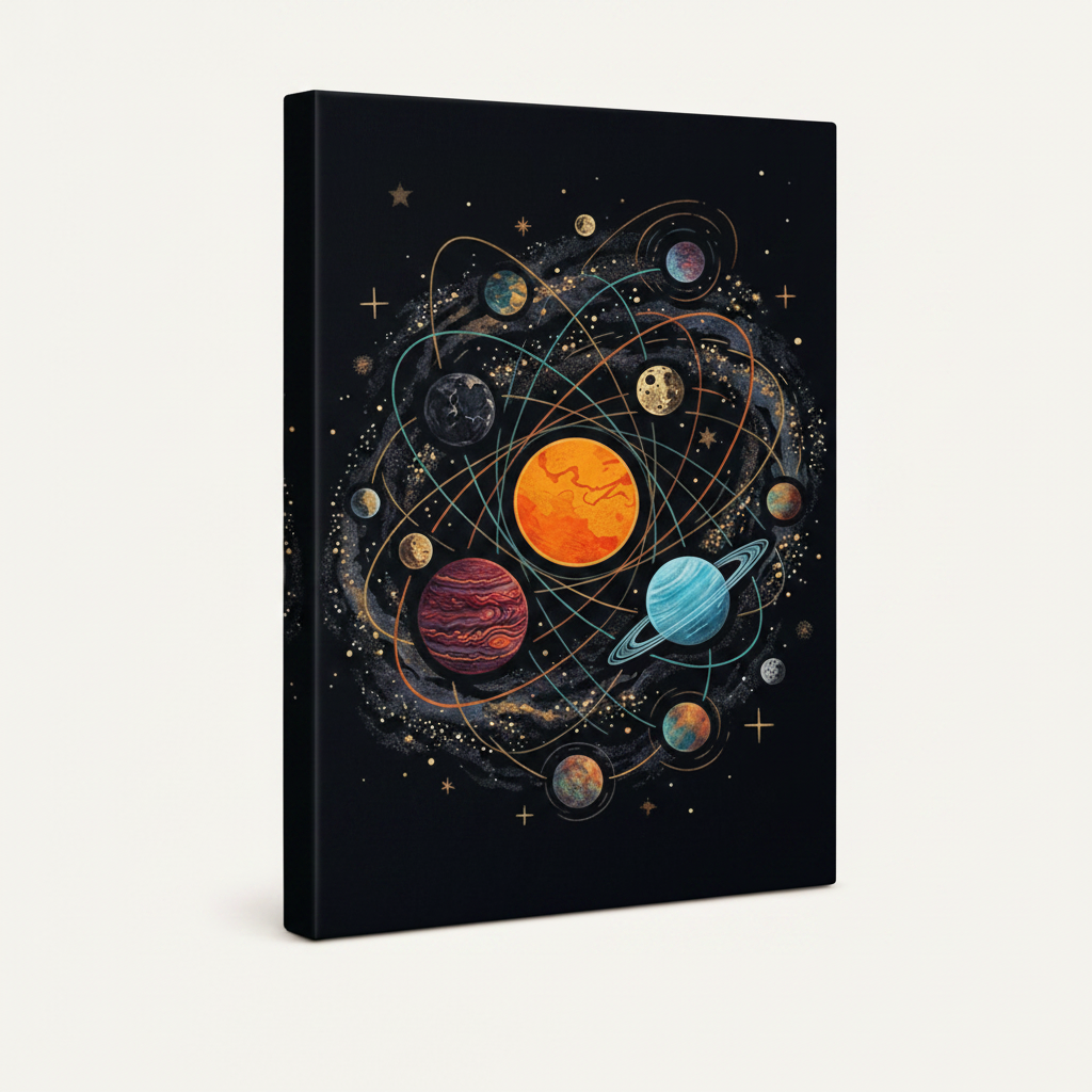 Space planet orbit canvas gallery wrap, black sides, angled view on white background