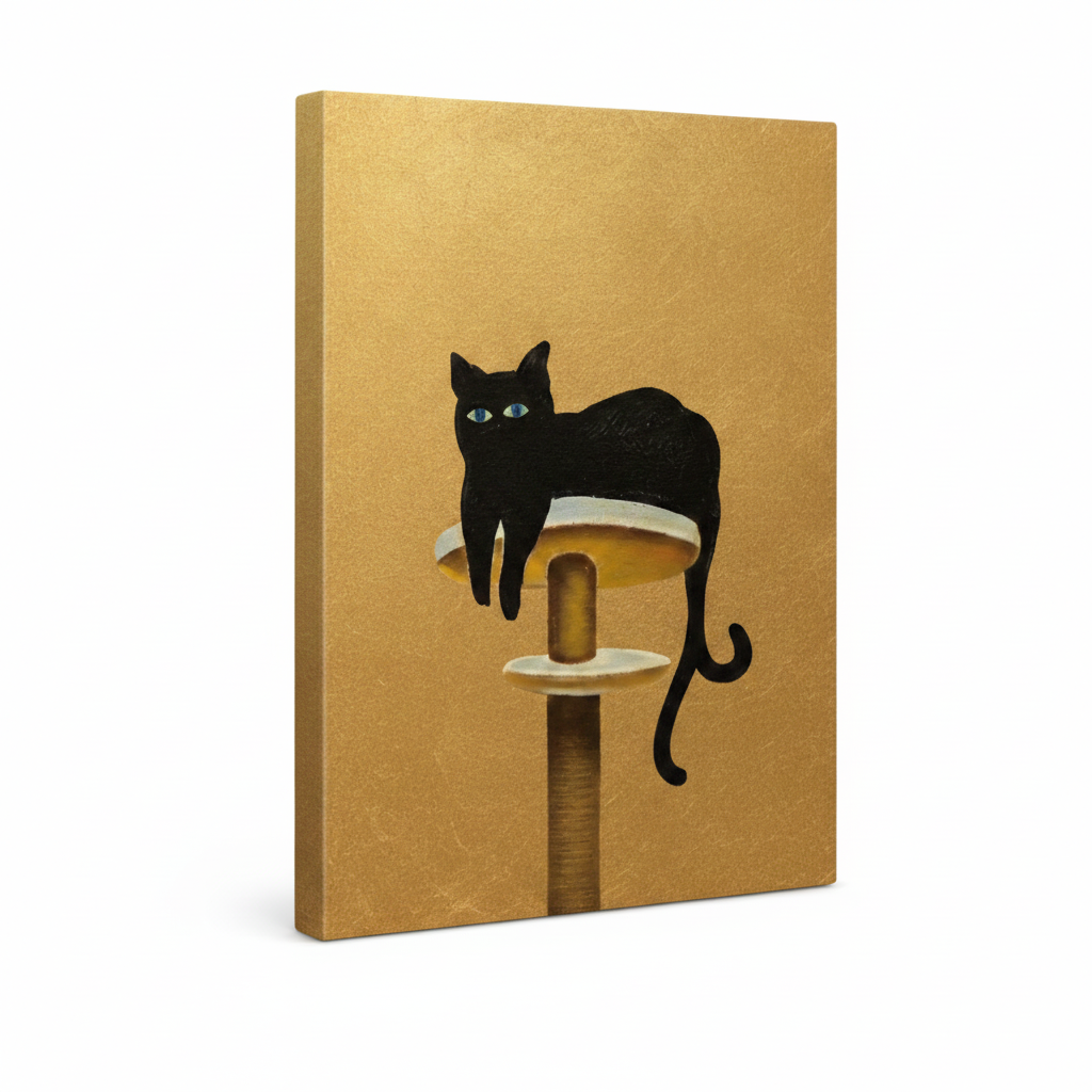 Stretched canvas black cat wall art on golden background, gallery wrap style, angled product view