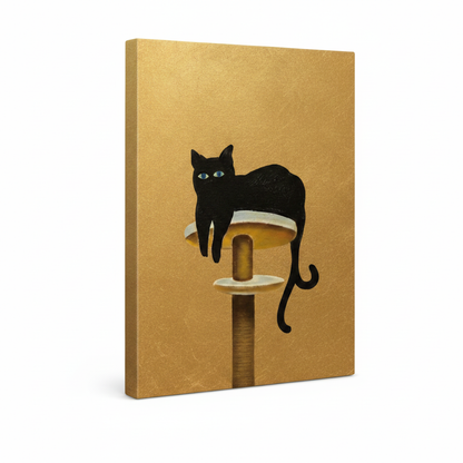 Stretched canvas black cat wall art on golden background, gallery wrap style, angled product view